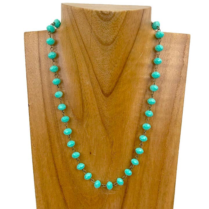 NKZ231116-41 17 Inches copper metal chain with green face cut crystal beads Necklace for wholesale by Western Elite Jewelry