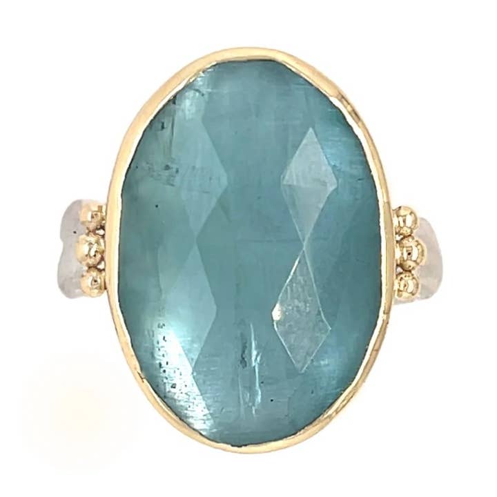 Aquamarine Rosecut Sea Kelp ring in 14k gold and sterling silver for wholesale by Emily Amey Jewelry