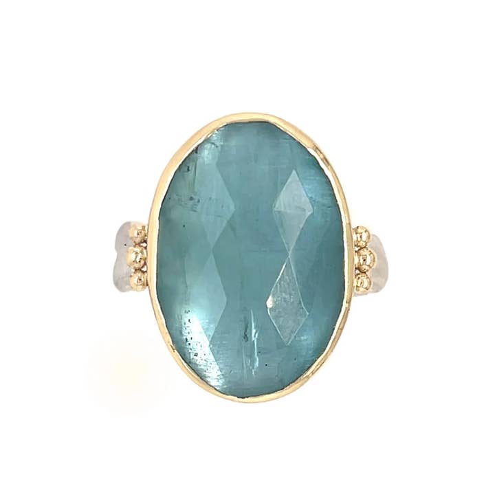 Akvamarin rosenstenslipad sjögräsring i 14k guld och sterlingsilver för wholesale av Emily Amey Jewelry