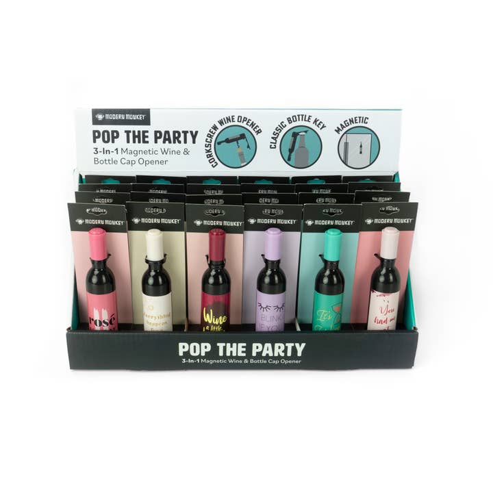 DM Merchandising - Wholesale Bottle/Wine Opener - Pop The Party 3-in-1 Magnetic Wine & Bottle Cap Opener