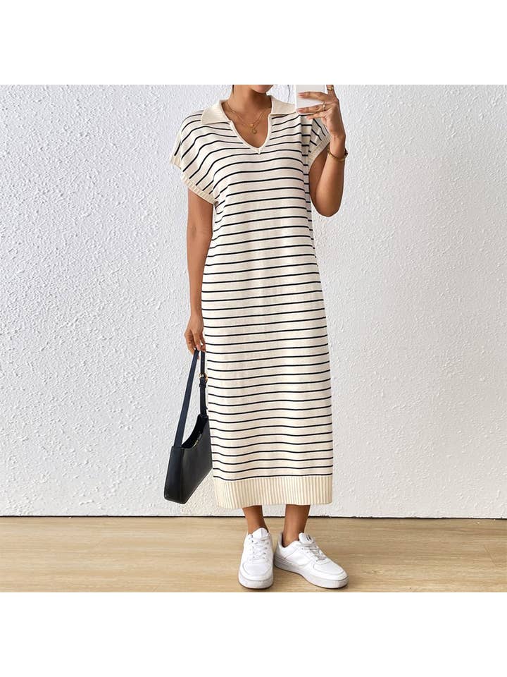 APRICOT Loose casual striped V-neck long dress for wholesale on Faire