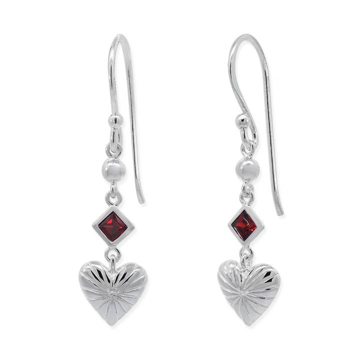Clare Heart Dangle Earrings with CZ Garnet (SV 591GAC) for wholesale by Boma Jewelry