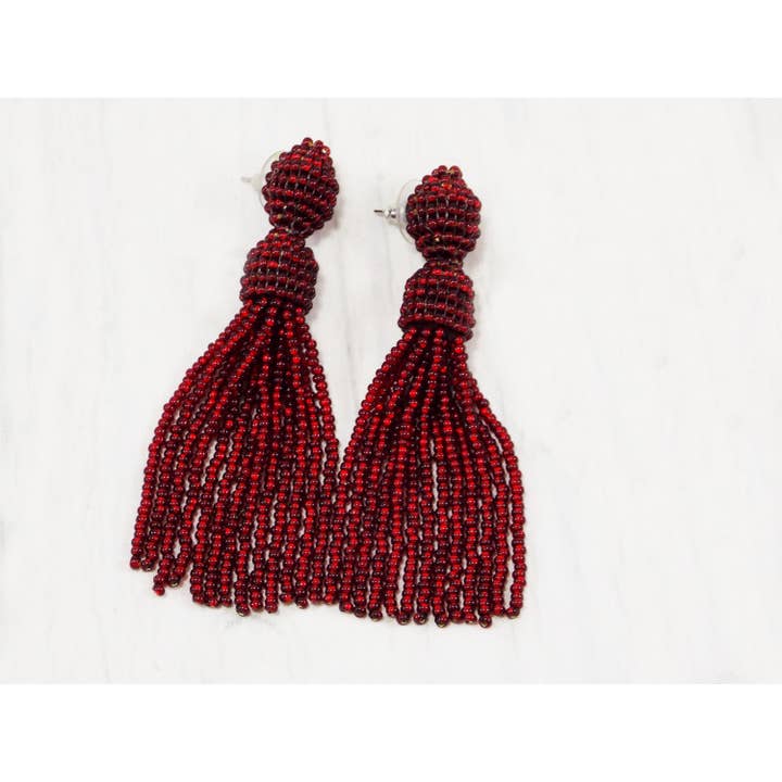 Ninolia – wholesale Tassel earrings – Red Sparkly Earrings Red Holiday Earrings Red Glitter Earrings Red Bead Tassel Fringe Drop Earrings Statement Tassel Burgundy Earrings Stud