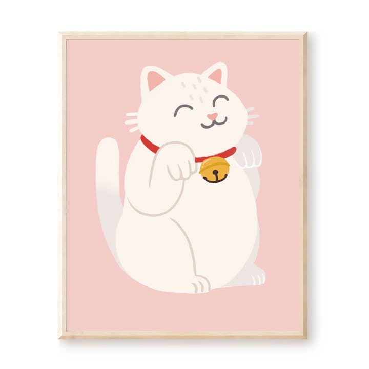 White Lucky Cat Art Print for wholesale by Happy Little Paper Co
