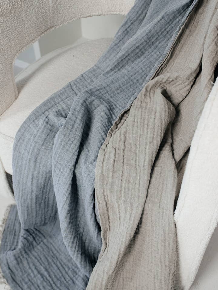 Mallorca Linen Throw - Blue and Natural for wholesale by Linen Way Inc.