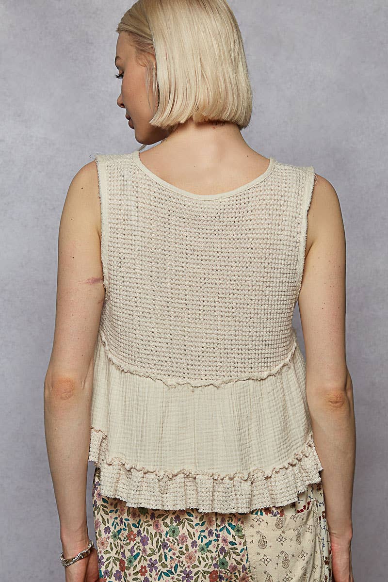 Pol Clothing - Wholesale Knit Top - Women's - Sleeveless contrast thermal cropped babydoll top SALE20