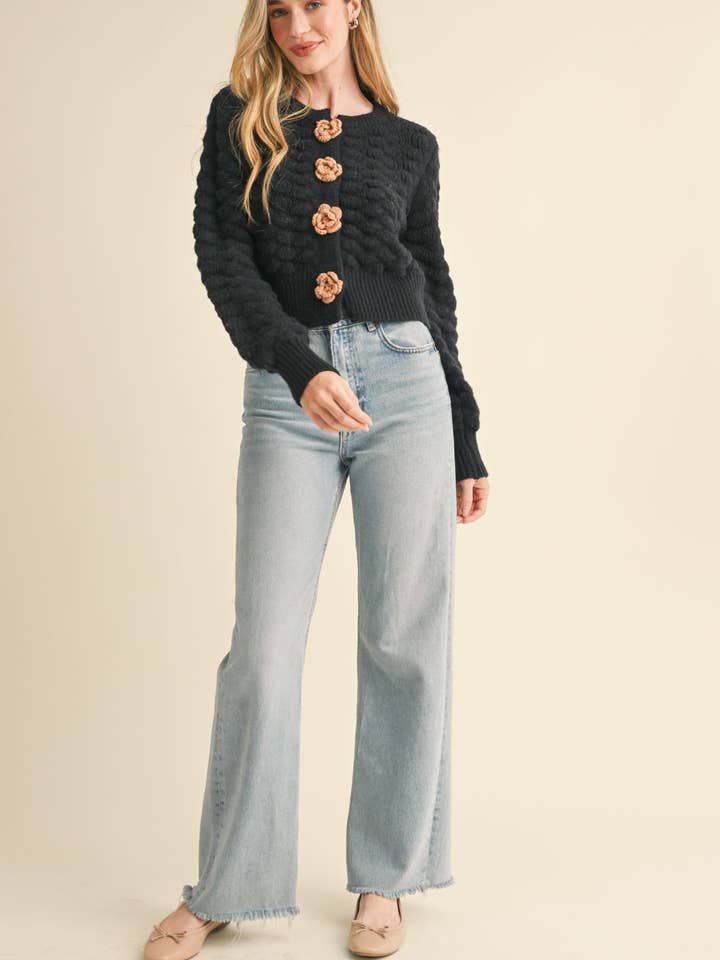 &MERCI - Wholesale Cardigan - Women's - TEXTURED SWEATER CARDIGAN WITH KNIT ROSETTE DETAIL MSW1073520