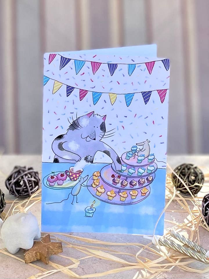 Cat and mice laying table: Greeting card for wholesale by Dariia Dziuba