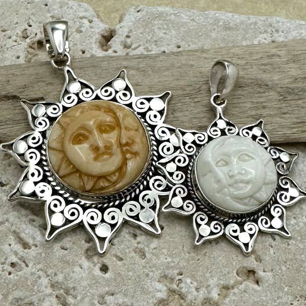 Sterling Silver Sun & Moon Pendant w/ Carved Bone, 2 sizes! for wholesale by Goddess Design Studio