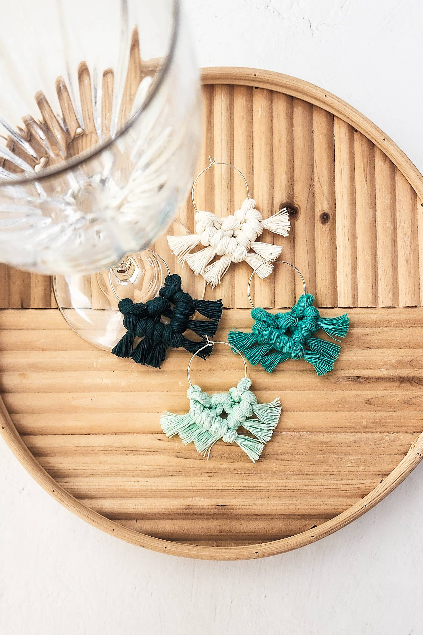 A Branch & Cord - Wholesale Wine Charm - Set of 4 Macrame Wine Charms – Handmade Boho Drink Markers2