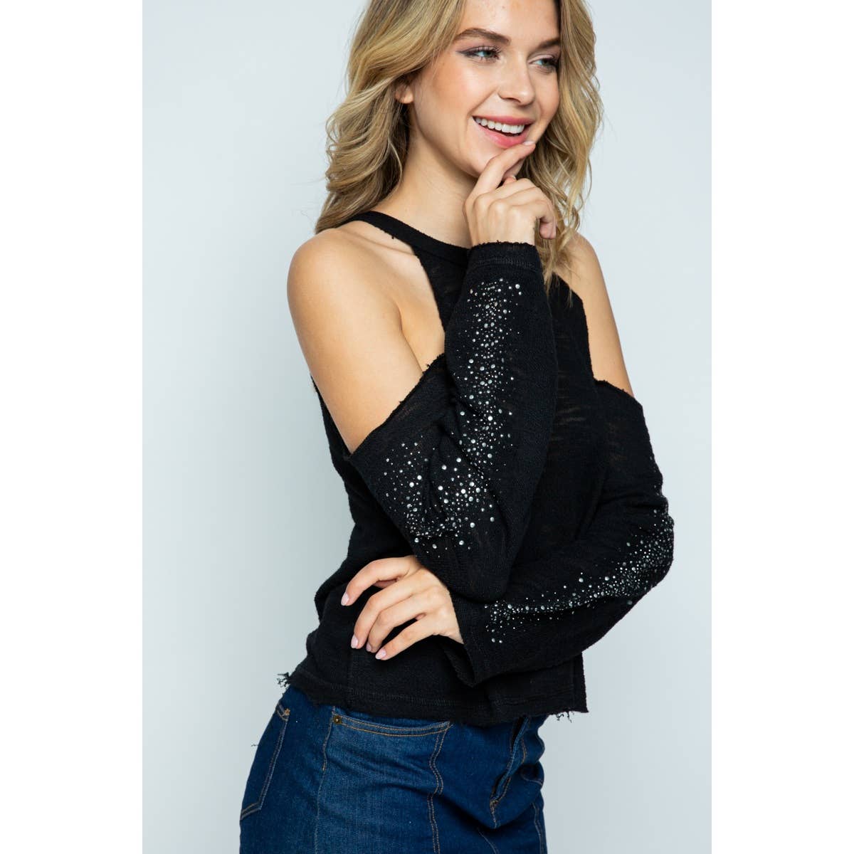 BLACK COLD SHOULDER LONG SLEEVE CROP TOP WITH STONES for wholesale on Faire1