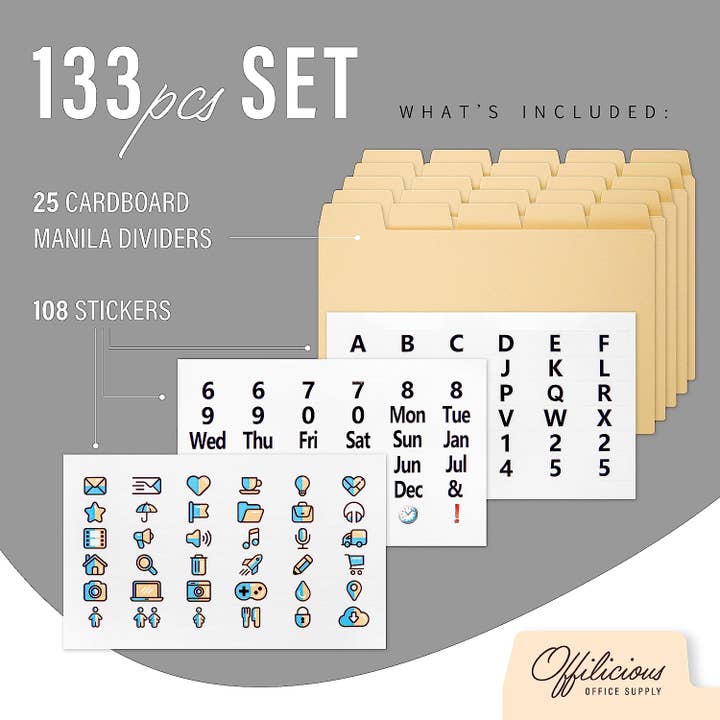 Leib Games - Venta al por mayor Organizadores de escritorio - 25 cajas separadoras de cartulinas de Manila de 3 x 5 pulgadas y 108 pegatinas