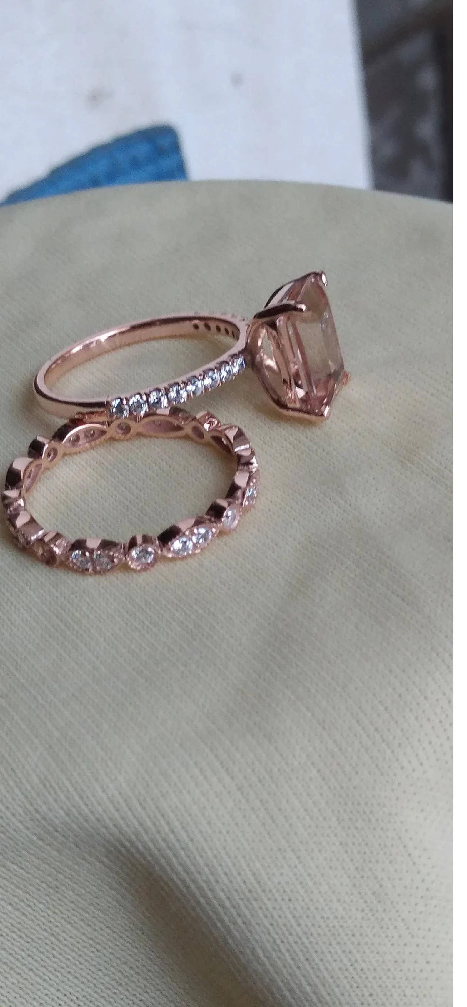 GEMPARA - Wholesale Engagement Ring - 14K Solid Rose Gold Emerald Cut Morganite Ring Set4