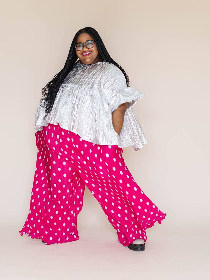 Nettle Studios - Wholesale Pants - Women's - Size Inclusive Hot Pink & White Polka Dot Pleated Flare Pant