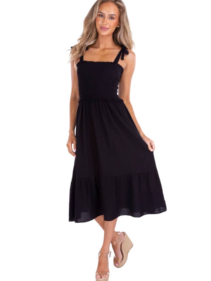 Tie-Shoulder Smocked A-Line Cotton Midi Dress – Black for wholesale on Faire