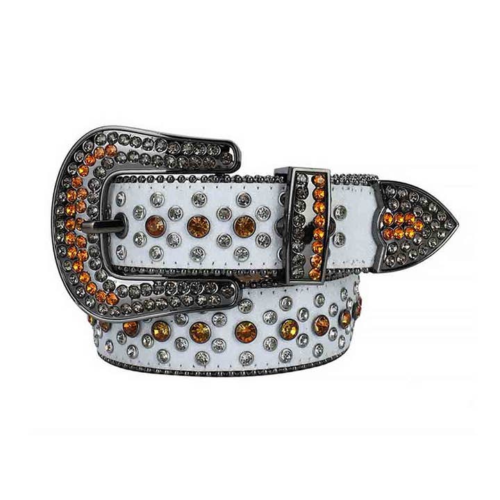 Witte band met gouden en zilveren riem met glitterstenen voor wholesale door Rhinestone Belt Store