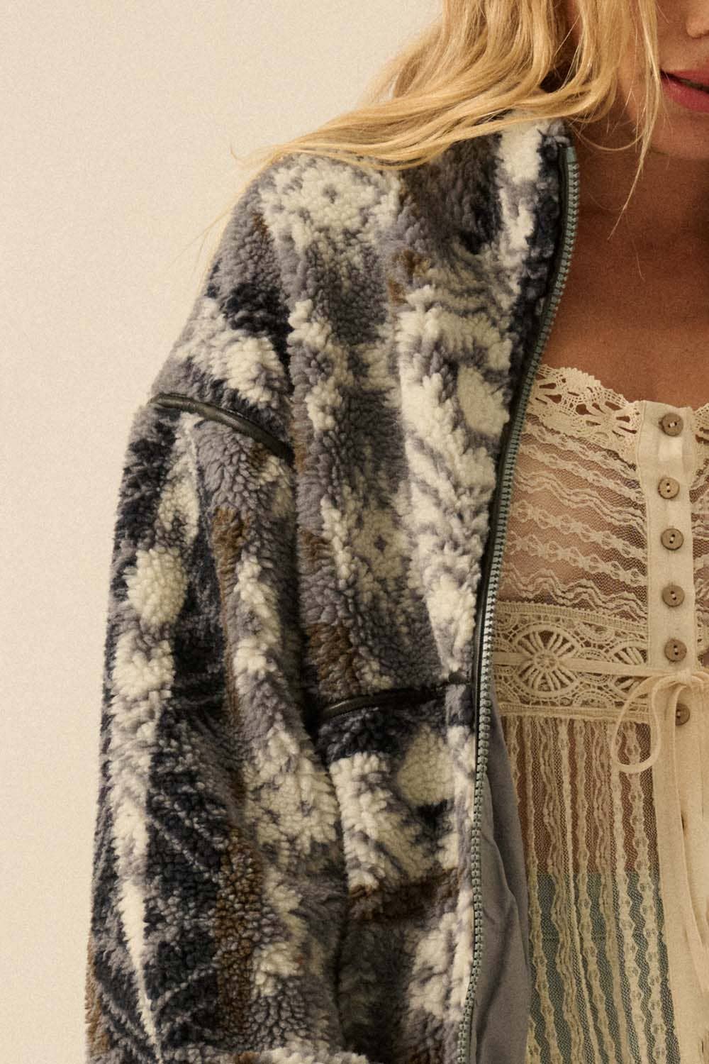 Promesa USA - Vendita all'ingrosso Giacca - Donna - Giacca in Pile Sherpa con Cerniera e Stampa Geometrica7