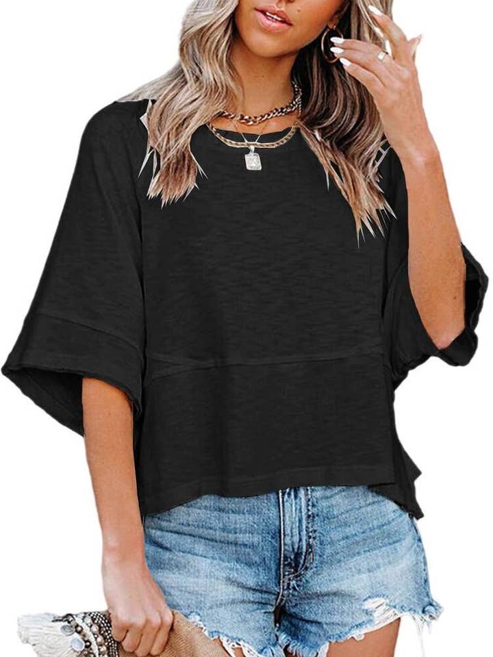 SALINA TRADING INC - Wholesale T-Shirt - Women's - Women Casual Stitching Solid Color Flared Sleeve T-Shirt