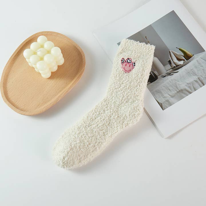 ASSORTED COLORS Happy Face w Cowboy Hat Fuzzy Winter Socks for wholesale on Faire1