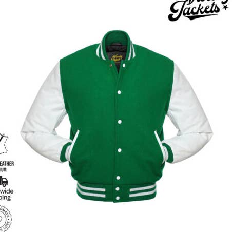 Green Wool & White Leather Sleeves Classic Letterman Jacket for wholesale by Varsity Craft