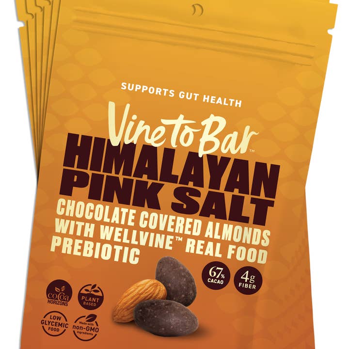 Amandes enrobées de chocolat Tru Dark et sel rose de l'Himalaya 3,5 oz sachet x 6 pour la vente par Vine to Bar Chocolate