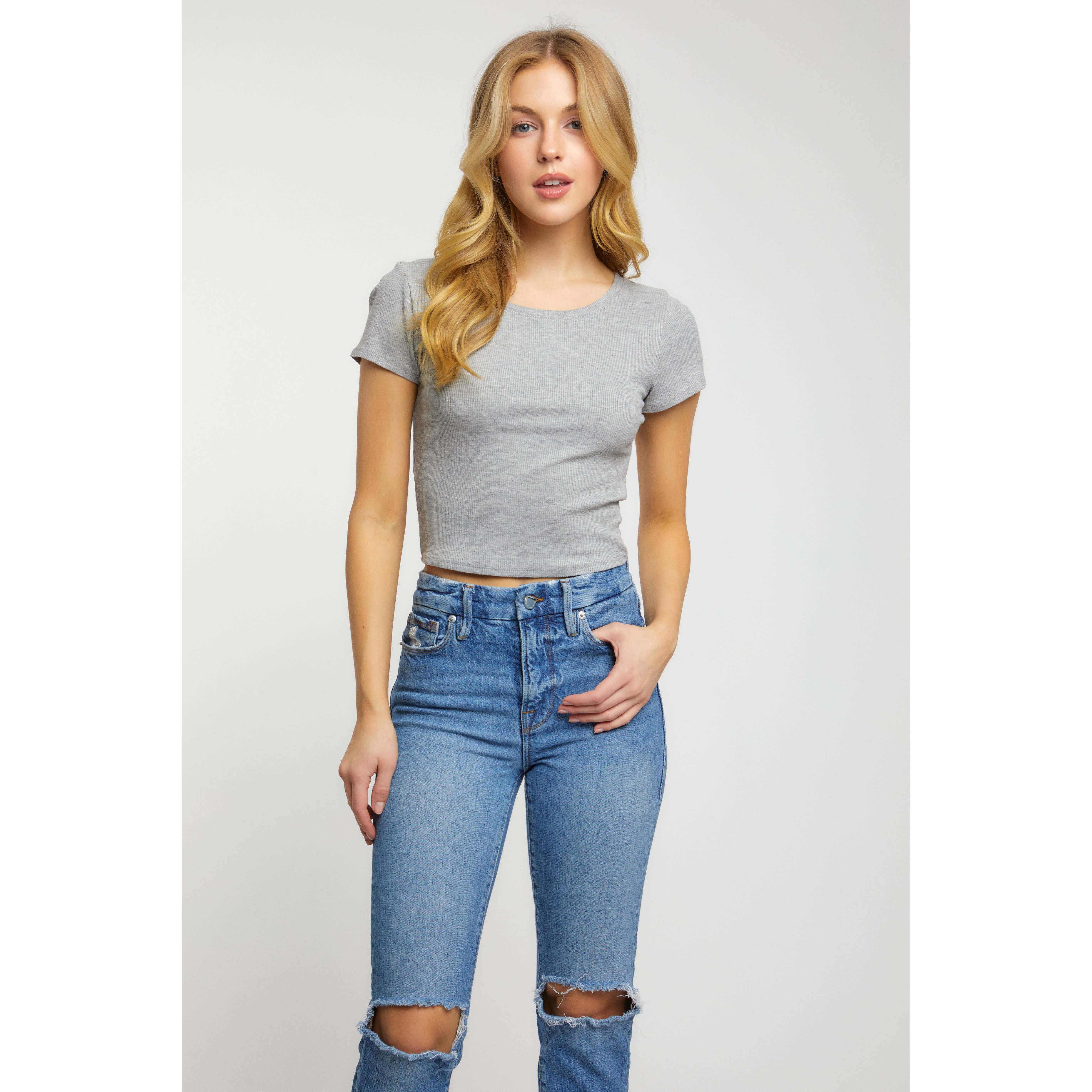 Popular 21 – wholesale Knit top – Women's – Crew Neck Short Sleeve Rib Knit Solid Tee10