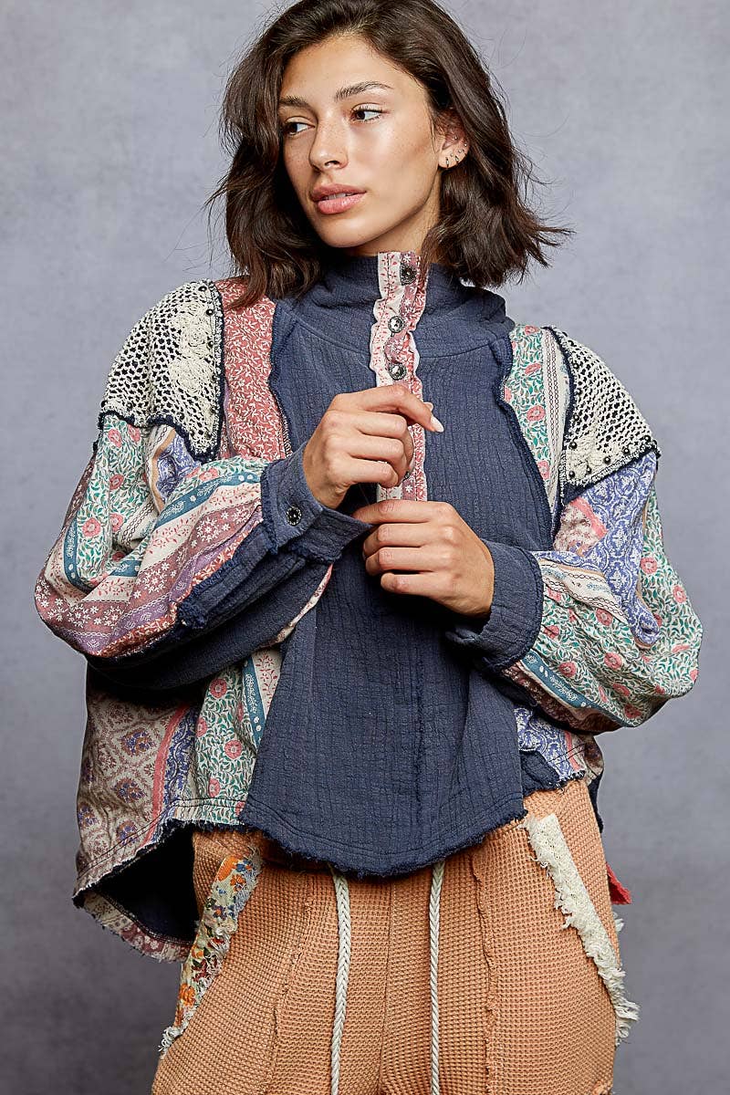 Pol Clothing - Vente Sweat à capuche – femme - Haut à capuche à manches longues avec col montant en double gaze et clous contrastants6