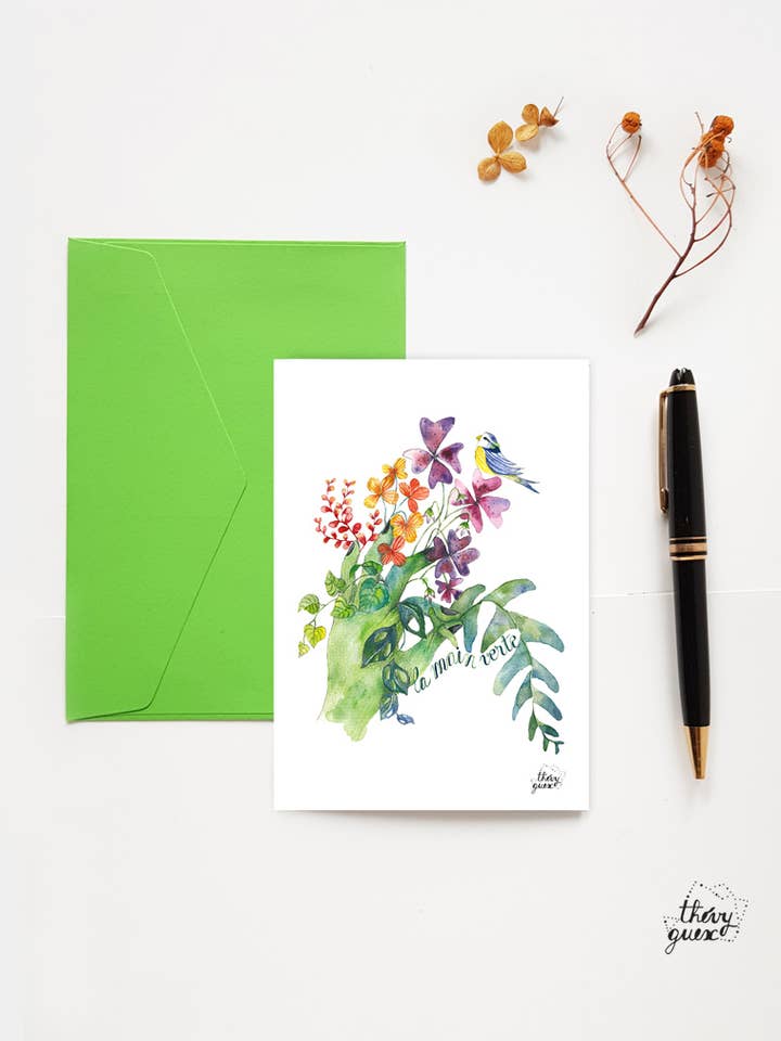 Botanische ansichtkaart met groene vingers in aquarel voor wholesale door Thévy Guex