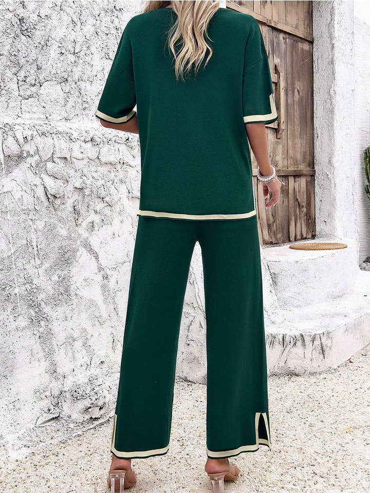 L Michele - Vente Ensemble haut et pantalon (PAS d'intérieur) - Femme - Ensemble chemisier à manches courtes contrasté en tricot décontracté11