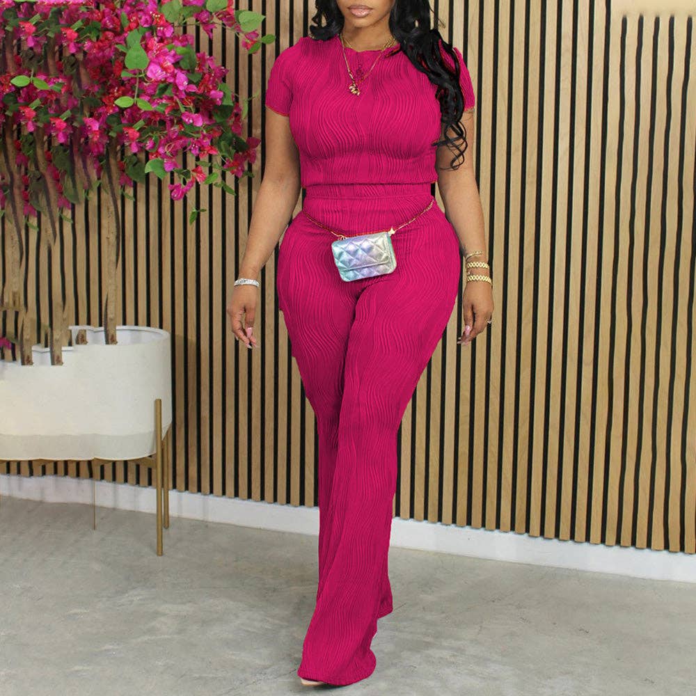 MB Fashion Wholesale - Wholesale Top & Pant Set (NOT Loungewear) - Women's - MB FASHION Wavy Textured Short-Sleeve Top Pants Set 272LY4