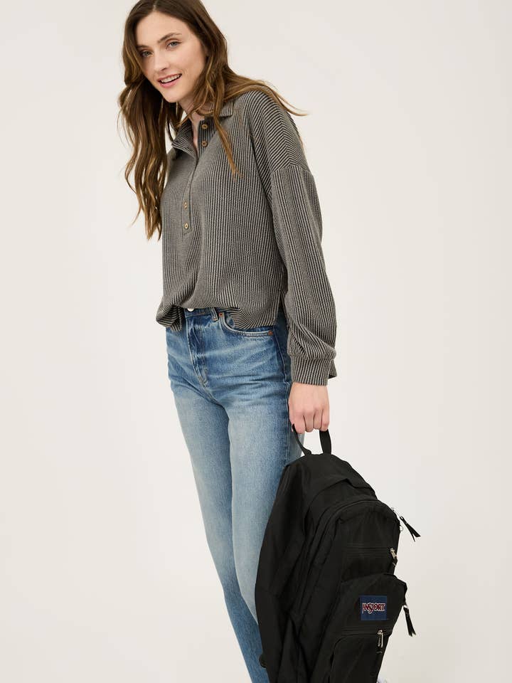 Blu Pepper - Wholesale Knit Top - Women's - PINSTRIPE COLLARED HALF BUTTON KNIT TOP2