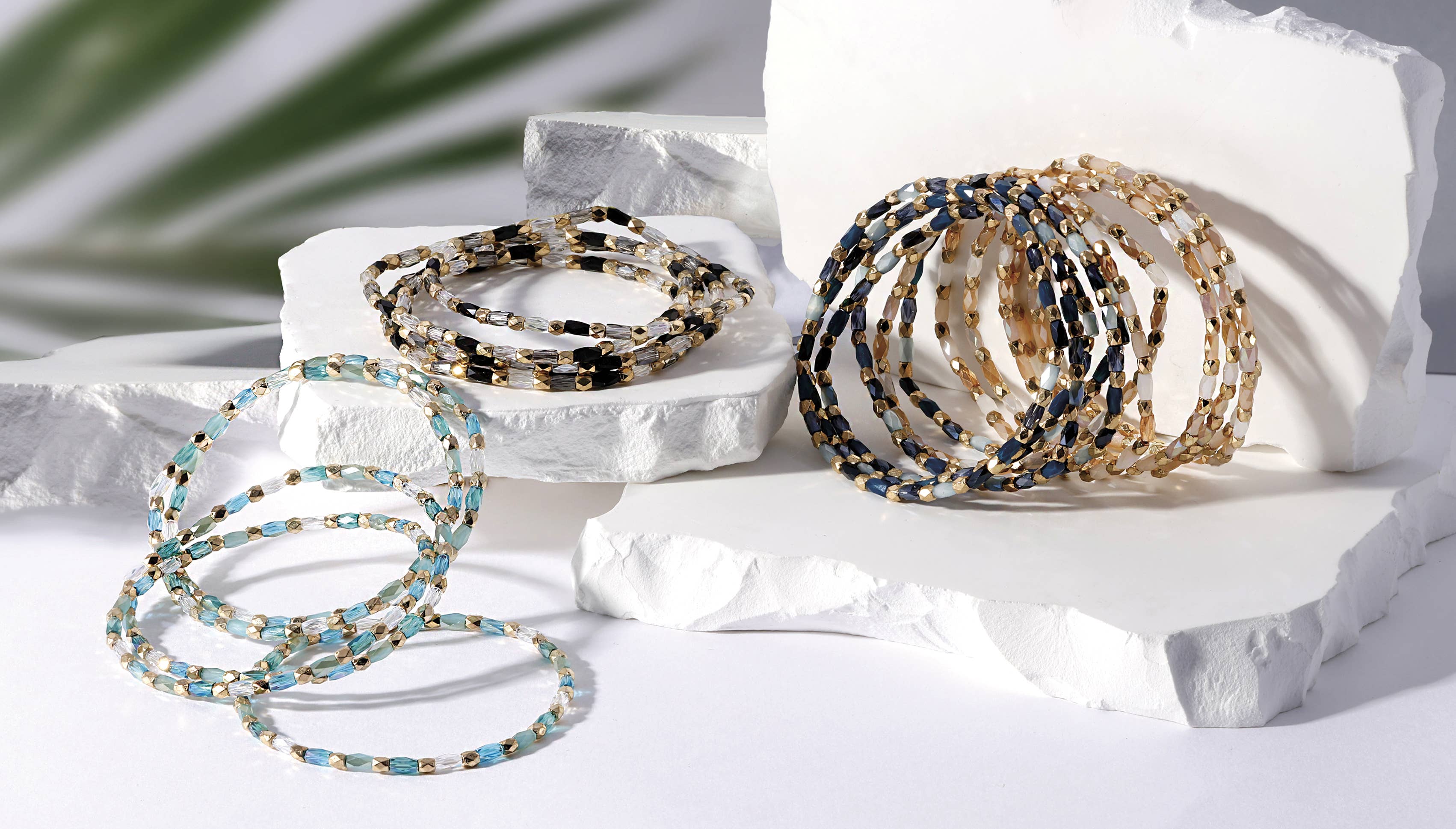 My Fun Colors - Wholesale Beaded Bracelet - Crystal Mix Bead Stretch Bracelet | Navy Blue - Gray w Gold3