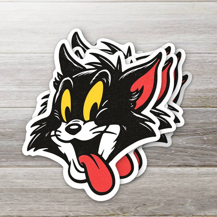 Wilder Cartoon-Katzenaufkleber – Retro-Schwarze Katze mit herausgestreckter Zunge für den Großhandel von Ozark Sticker Company