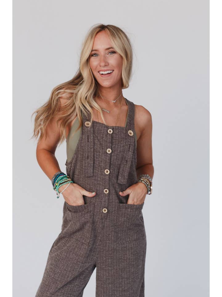 Three Bird Nest - Wholesale Overalls - Women's - High Hopes Button Up Overalls - Brown