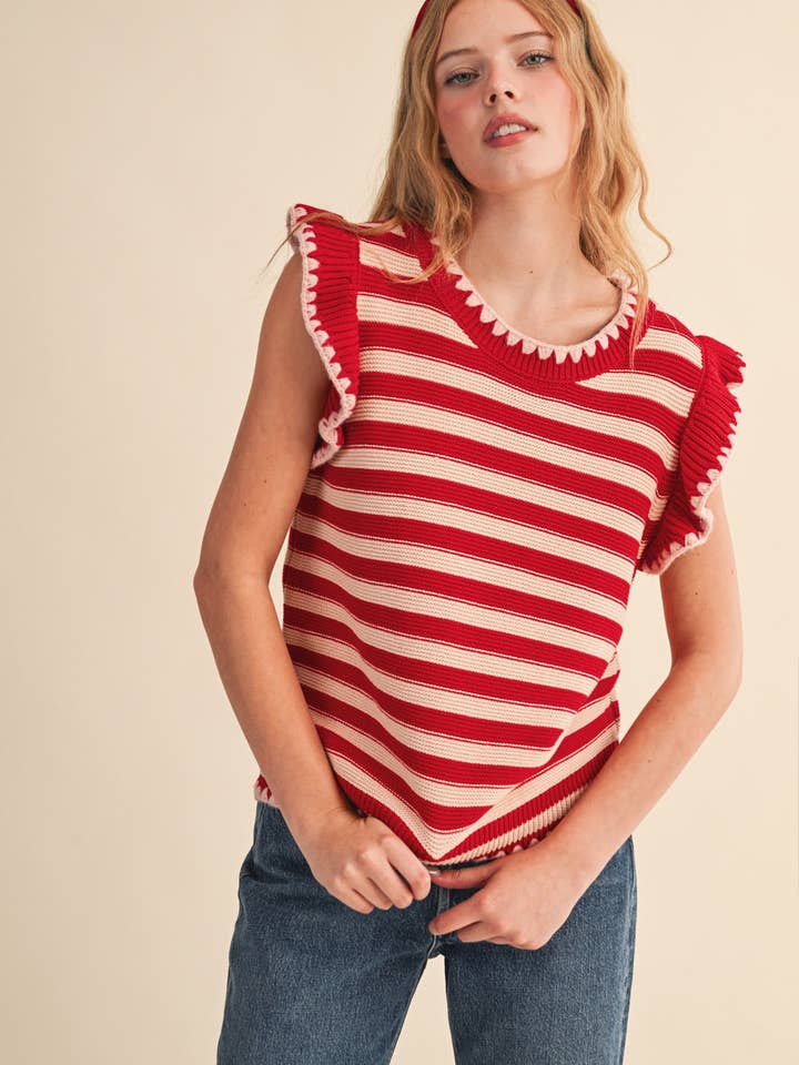 STRIPED FLUTTER SLEEVE SWEATER TOP MSW11077 for wholesale by &MERCI