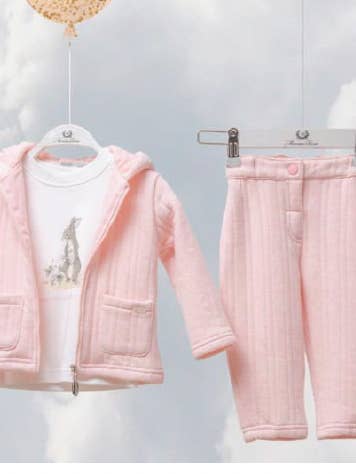 3-teiliges rosafarbenes Baby-Set mit Hasenmotiv für den Großhandel von Monna Rosa Milano LLC