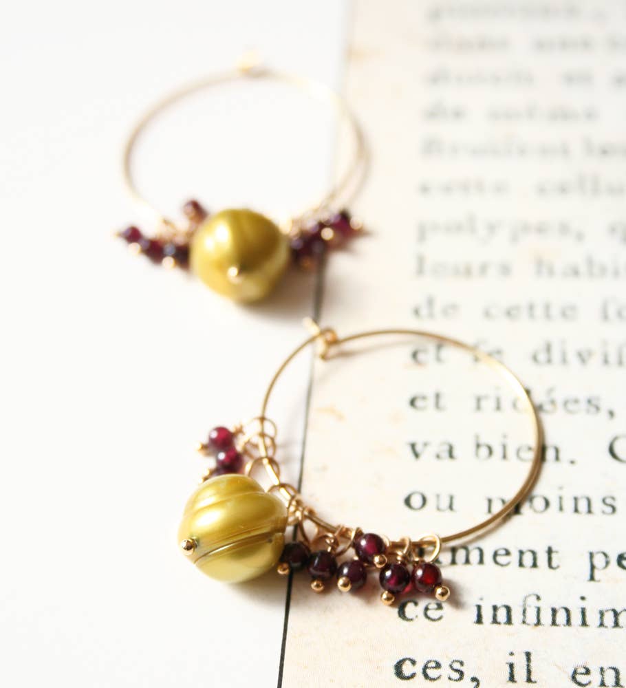 Laura Stark Designs - Wholesale Hoop Earrings - Red Garnet + Green Pearl Earrings | Red Hoops0