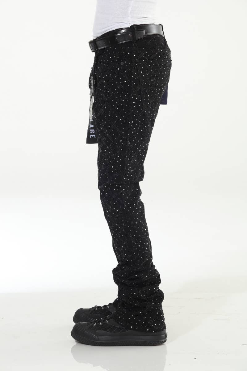Stylo - Wholesale Jeans - Men's - Black Rhinestone Covered Stacked Flare3