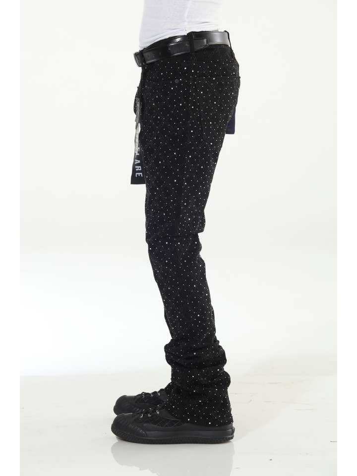 Stylo - Wholesale Jeans - Men's - Black Rhinestone Covered Stacked Flare3