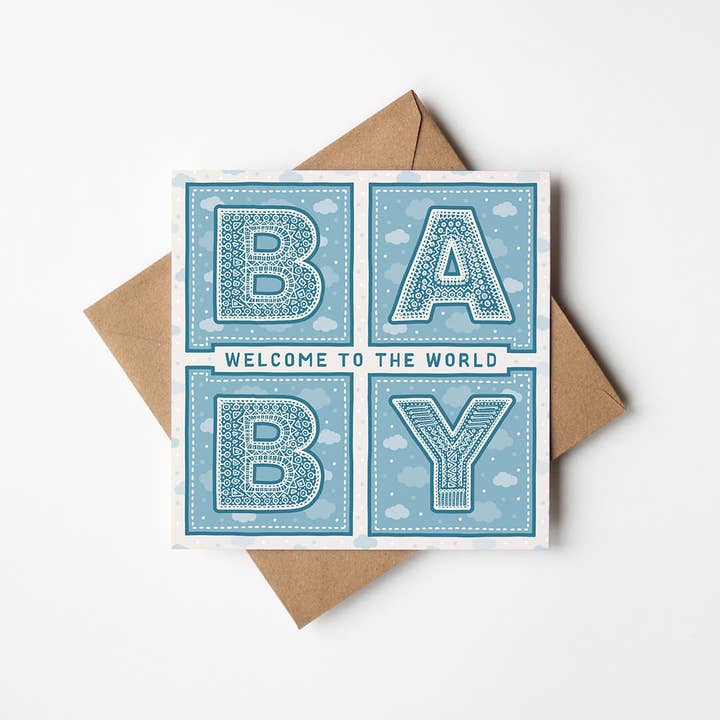 Jess A Little Creative - Wholesale Baby Card - Welcome To The World Baby Blue Typographic New Baby Card