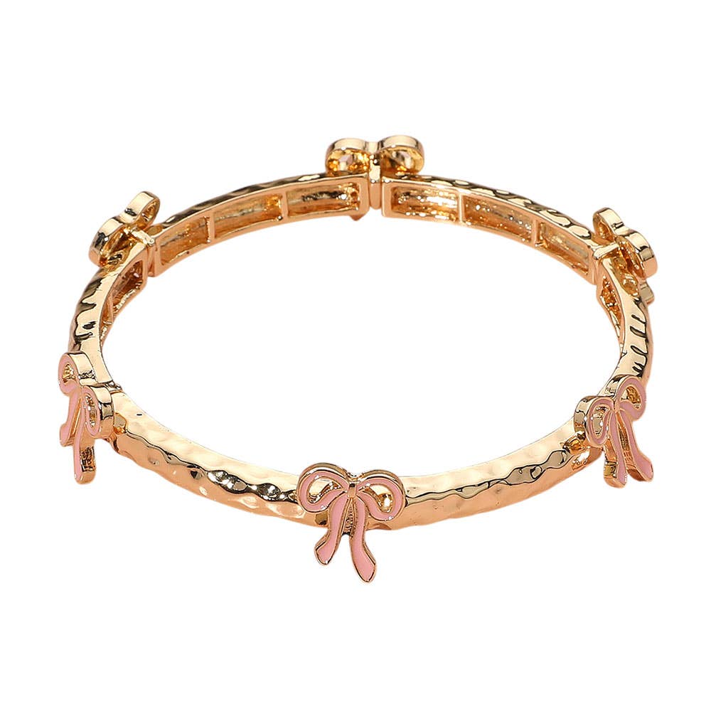 Sensibling Corp. - Wholesale Bangle Bracelet - Enamel Bow Accent Hammered Metal Bar Beaded Stretch Bracelet5
