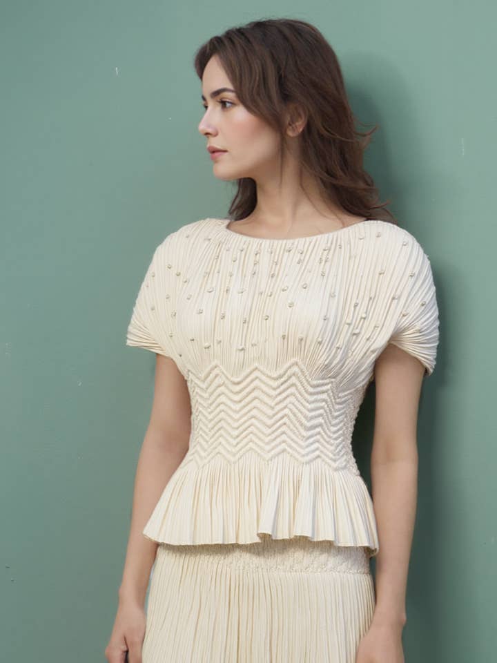 Pleated blouse top with pearls & Diamonds (Apricot) for wholesale by Ellyndale