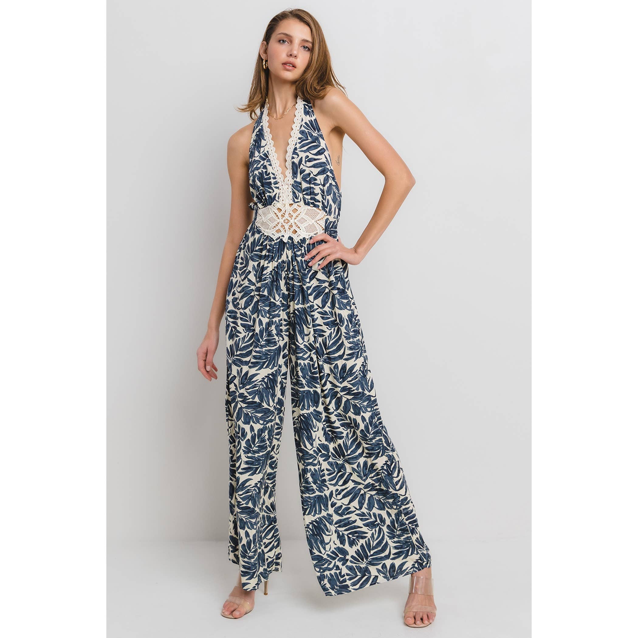 MULTI HALTER NECK JUMPSUIT WITH TRIM DETAIL for wholesale on Faire5