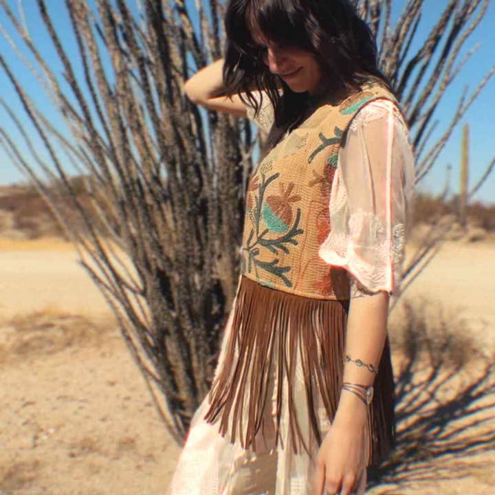 Wylder Trading Company - Wholesale Outerwear Vest - Women's - Boho Western Artisan Fringe Vests | Kantha Suzani Textile19