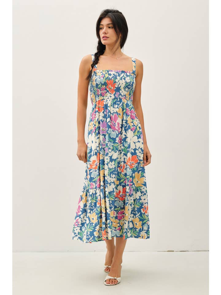 Be Cool - Wholesale Dress - Women's - FLORAL PRINTED MIDI DRESS W/ SMOCKED BODICE