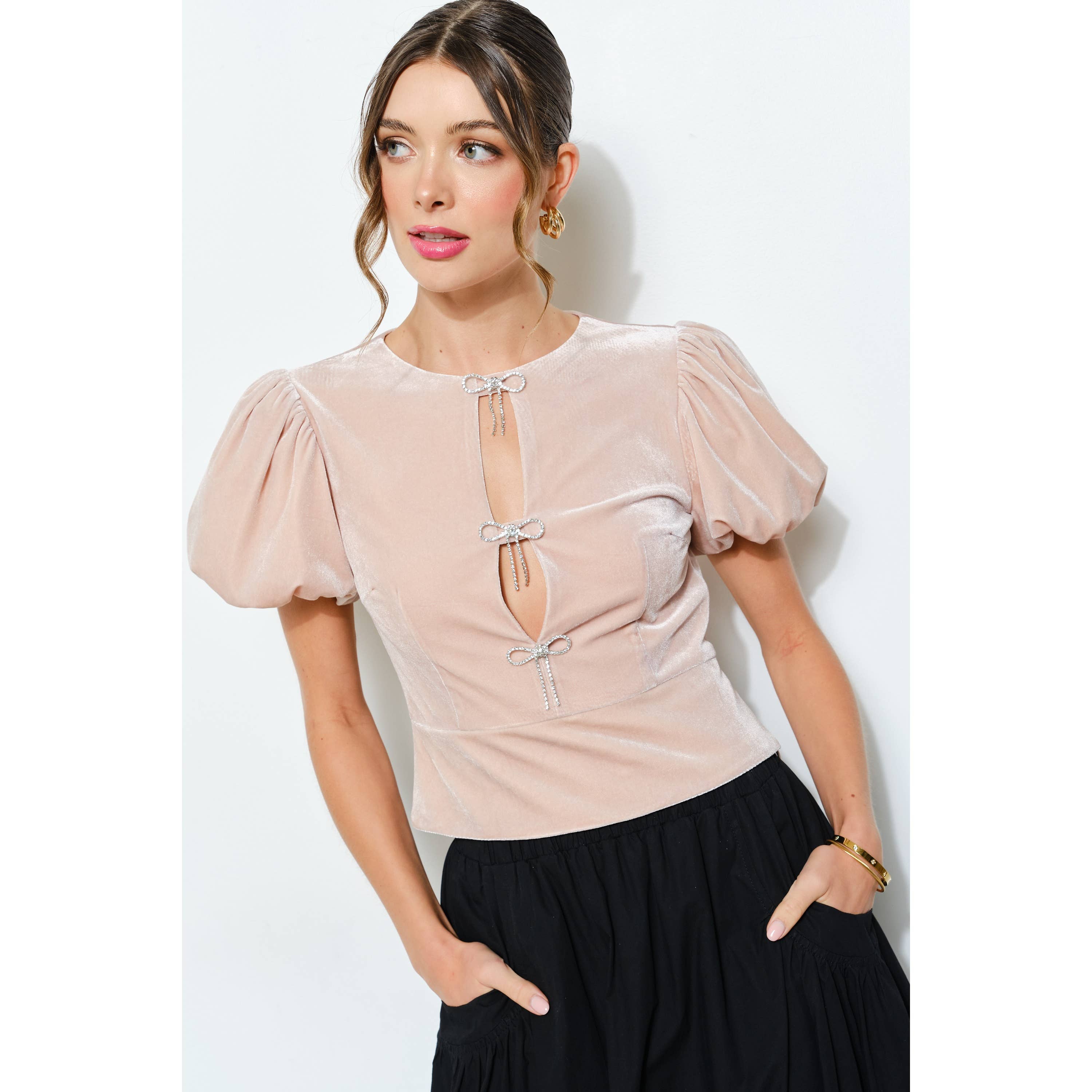 INA - Wholesale Blouse - Women's - Rhinestone Bow Cutout Velvet Puff Sleeve Top2