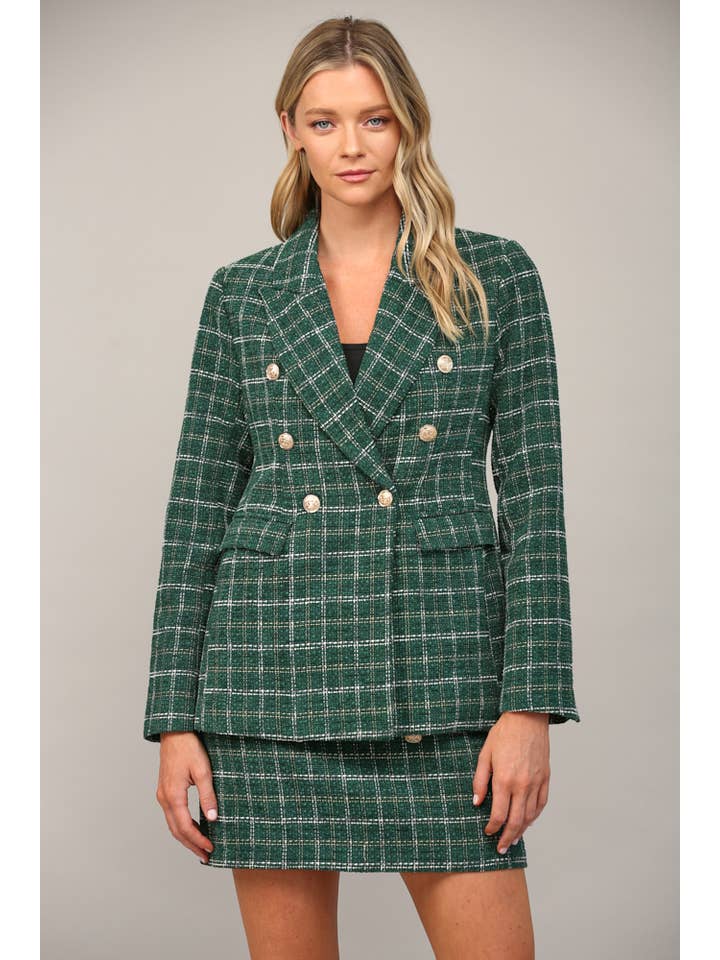 GREEN LUREX MIXED TWEED DOUBLE BREATED BLAZER FJ70076 for wholesale on Faire