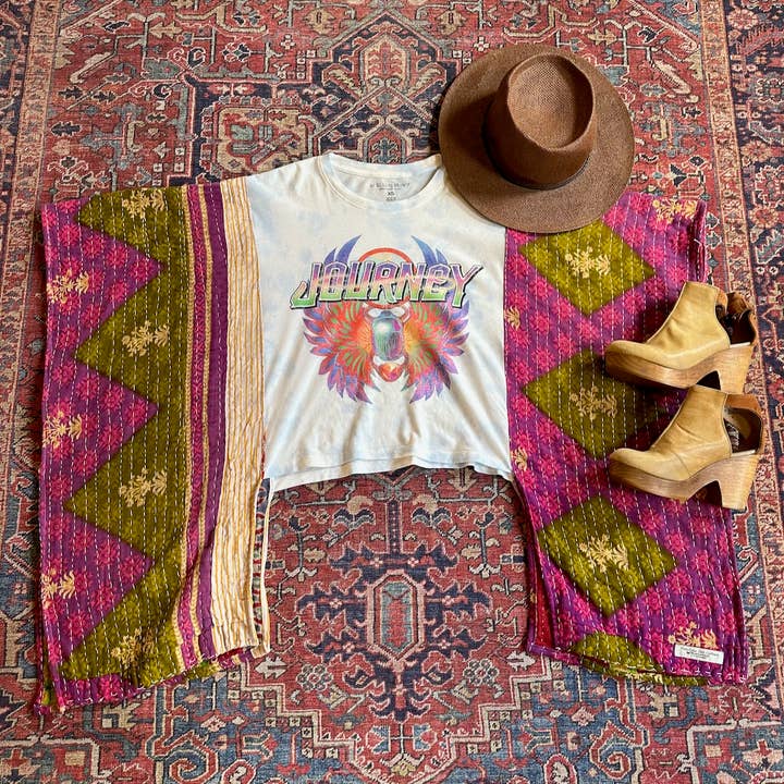 Mountain Girl Clothing - Wholesale Poncho - Women's - Upcycled Kantha Poncho Band / Graphic Tees