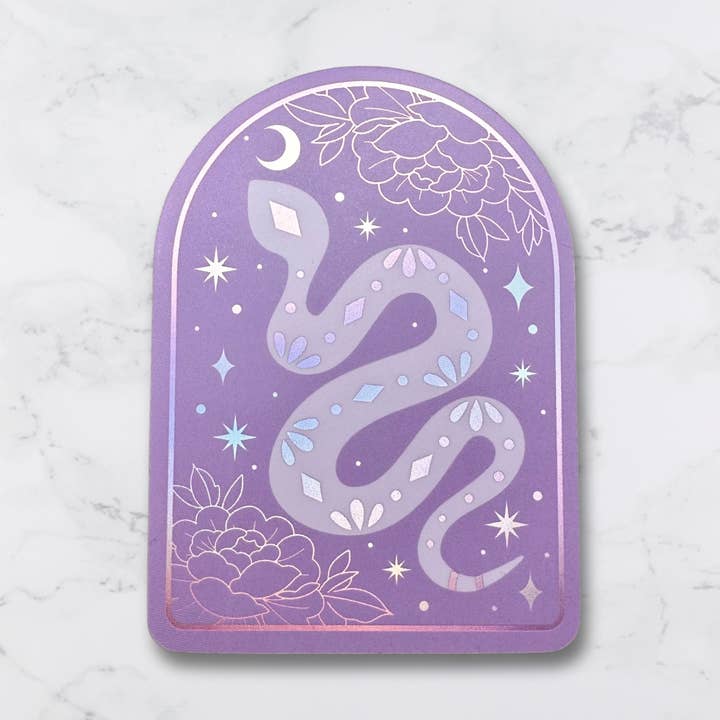 Snake and Peonies Matte Holographic Sticker for wholesale by Guided by Light Art