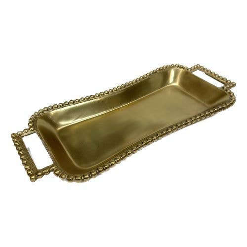 India Handicrafts Inc - Wholesale Decorative Tray - GOLD BEADED HANDLE ROUNDED RECTANGLE TRAY